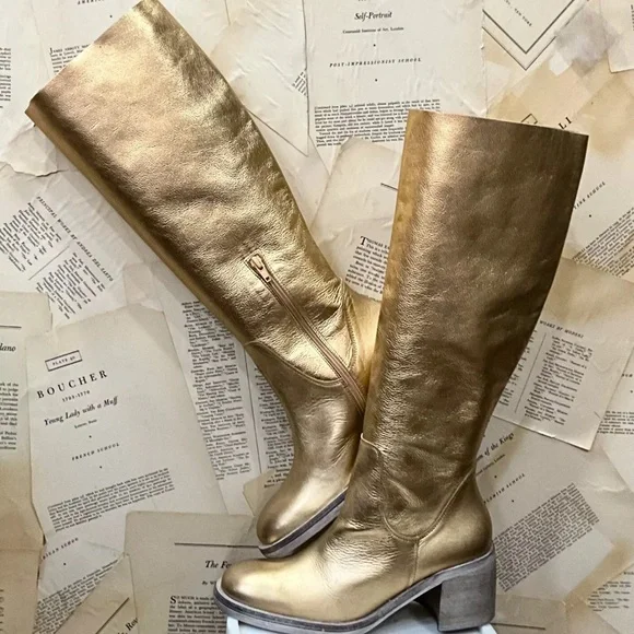 Free People Essential Tall Boot Inside Zipper Gold Metallic Leather - Picture 3 of 11